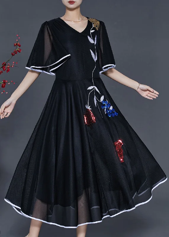 Huge Savings floral midi dressBlack Silk Party Dress Embroidered Exra Large Hem Summer Huge Savings floral midi dressBlack Silk Party Dress Embroidered Exra Large Hem Summer