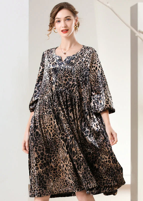 form-fitting dressWomen Leopard Print Oversized Silk Velour Holiday Dress Spring