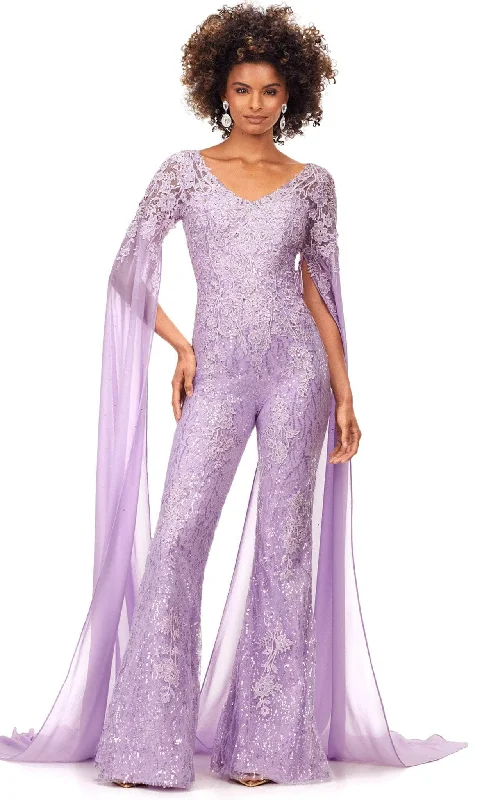 Bargain Blast Ashley Lauren 11254 - Embroidered Lace Sheer Sleeved Jumpsuit