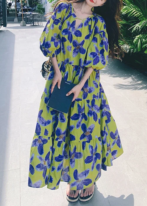 Season Finale Sale silk dressStylish Green Print Patchwork Chiffon Long Dresses Half Sleeve