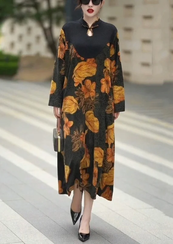 winter dressBeautiful Yellow Button Print Silk Long Dresses Spring