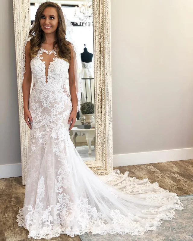 Price Cut one-shoulder dressFitted Illusion Lace Low Back Wedding Dress