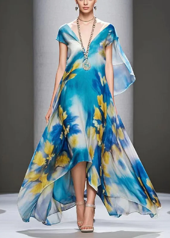 Price Blitz off-the-shoulder dressFrench Blue Print Exra Large Hem Chiffon Beach Dress Summer