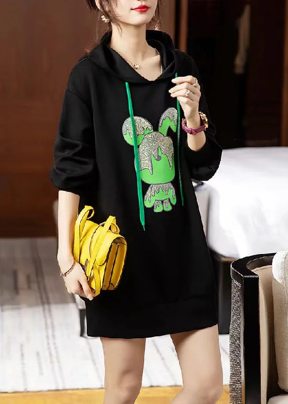 party dressLoose Black Hooded Print Patchwork Cotton Dresses Fall