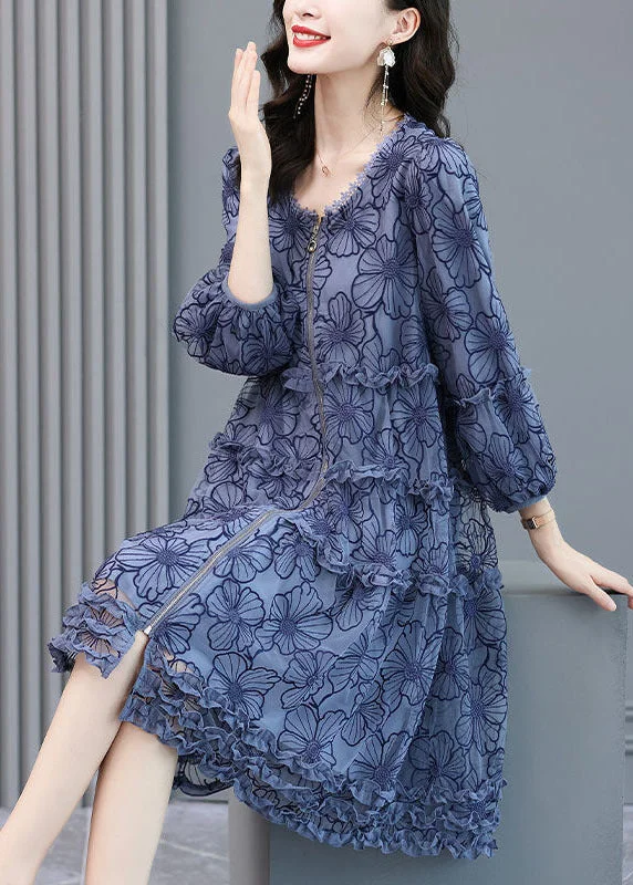 draped dressLoose Blue Embroideried Ruffled Zippered Silk Dresses Long Sleeve