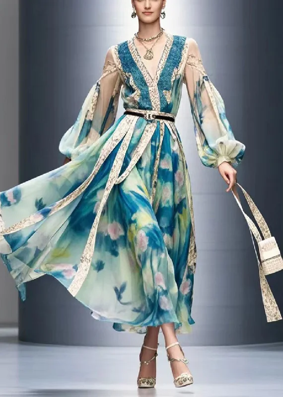 Stock Up and Save wrap-around dressFrench Blue Cold Shoulder Print Chiffon Full Dresses Fall