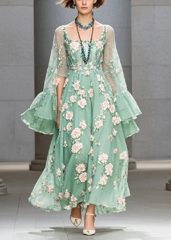 Deal Alert one-shoulder dressFashion Grass Green Three-dimensional Floral Chiffon Dress Flare Sleeve