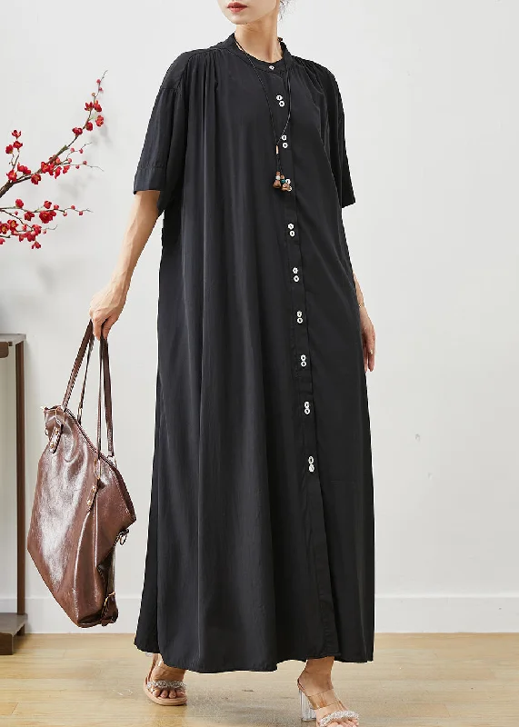 Special Buy wrap dressBlack Cotton Robe Dresses Stand Collar Oversized Summer