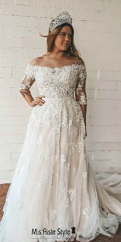 Instant Discount A-line dressOff Shoulder Long Sleeve Lace Plus Size Wedding Dress