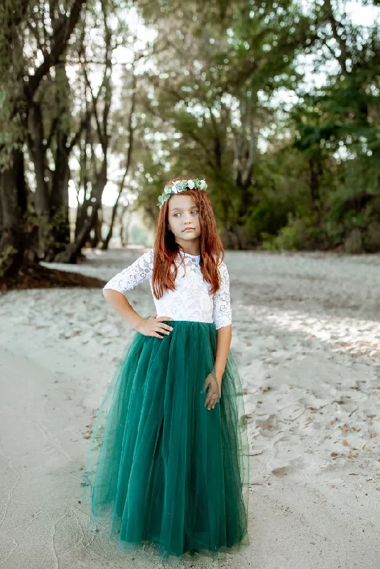 Season Finale Sale sophisticated dressLong Sleeve Dark Green Flower Girl Dress