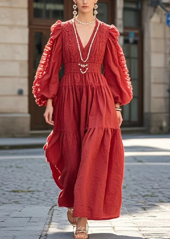 elegant maxi dressElegant Red Cinched Wrinkled Cotton Holiday Dress Spring