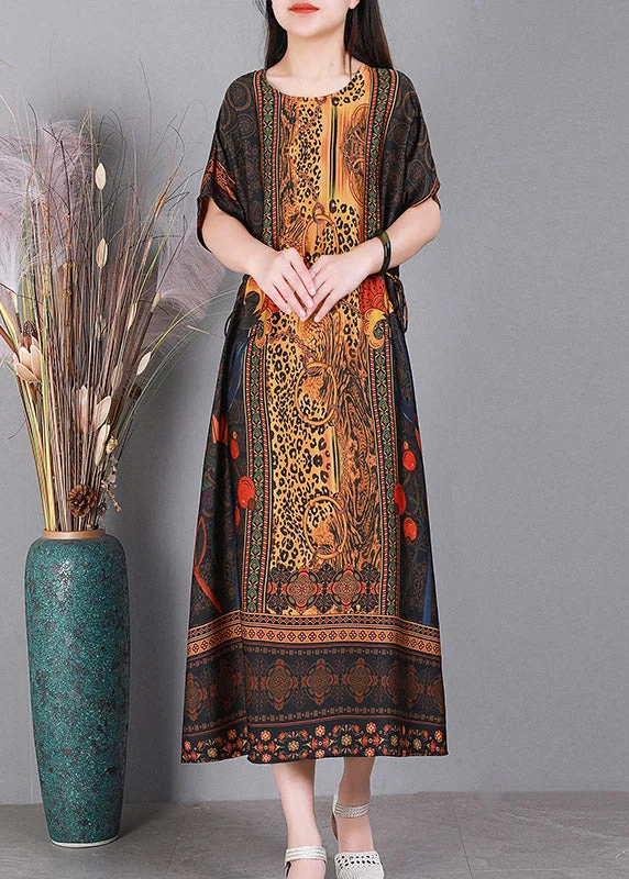 Buy More, Save More bodycon dressYellow O-Neck Print Elastic Waist Silk Dresses Short Sleeve