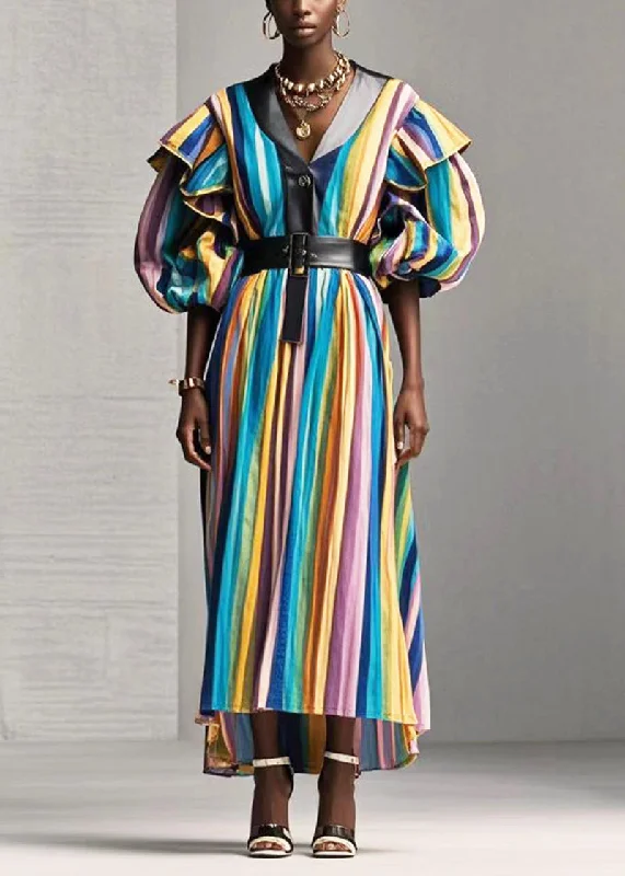 luxury dressStyle Rainbow Ruffled Striped Cotton Long Dress Spring