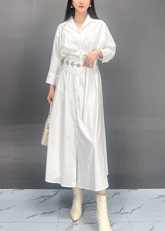 trendy wrap dressClassy White Notched Button Tunic Vacation Long Dresses Spring