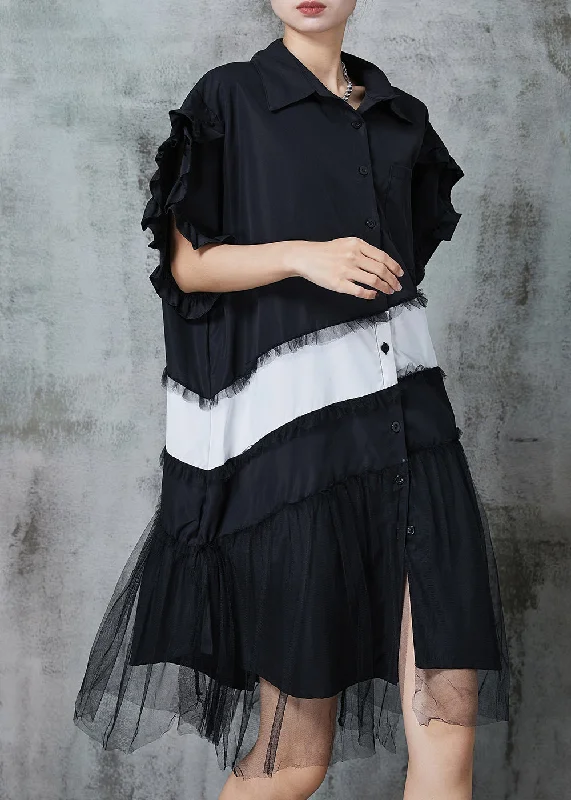 Midnight Madness boho-chic dressFashion Black Oversized Patchwork Cotton Dress Petal Sleeve Midnight Madness boho-chic dressFashion Black Oversized Patchwork Cotton Dress Petal Sleeve