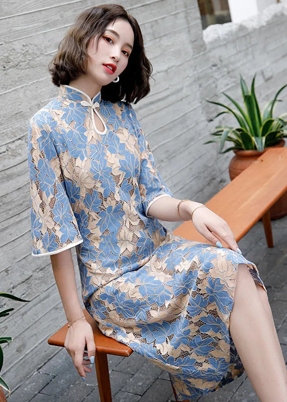 Special Buy chic shift dressWomen Blue Stand Collar Button Lace Cheongsam Dress Half Sleeve