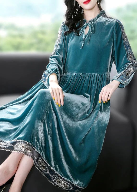 Final Clearance denim dressWomen Peacock Blue Ruffled Embroideried Patchwork Silk Velour Dress Spring