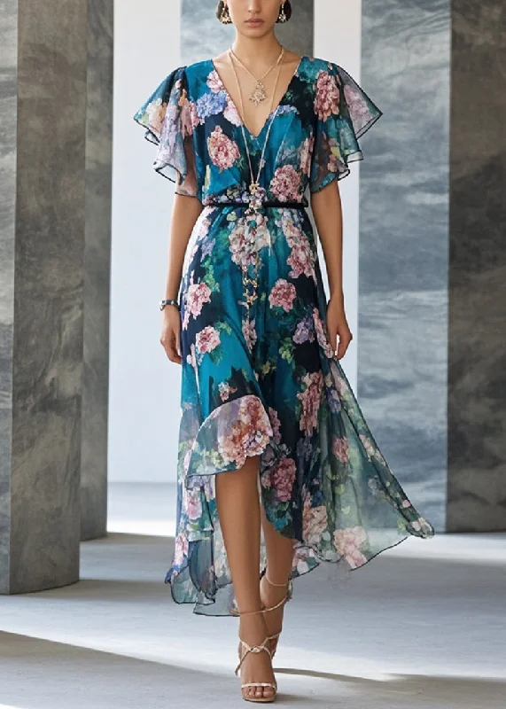 Flash Sale elegant shift dressStyle Peacock Blue Print Chiffon Party Dress Summer