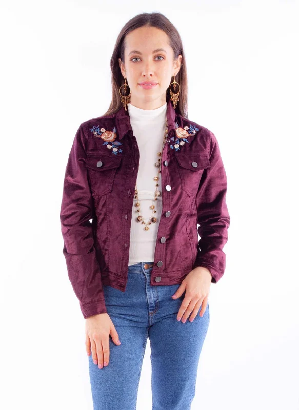 fitted coatScully Womens Embroidered Velvet Burgundy Cotton Blend Cotton Jacket