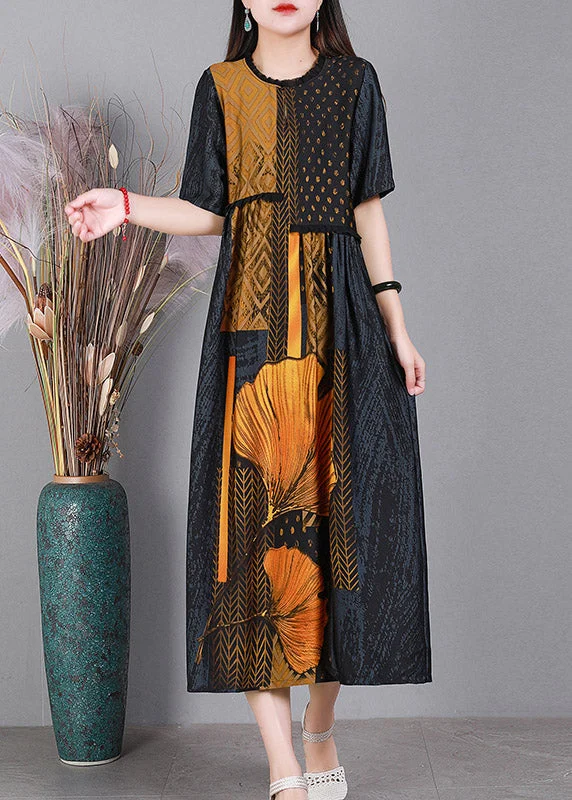 Stock Up and Save chic dressClassy Grey O-Neck Print Silk Party Dress Short Sleeve