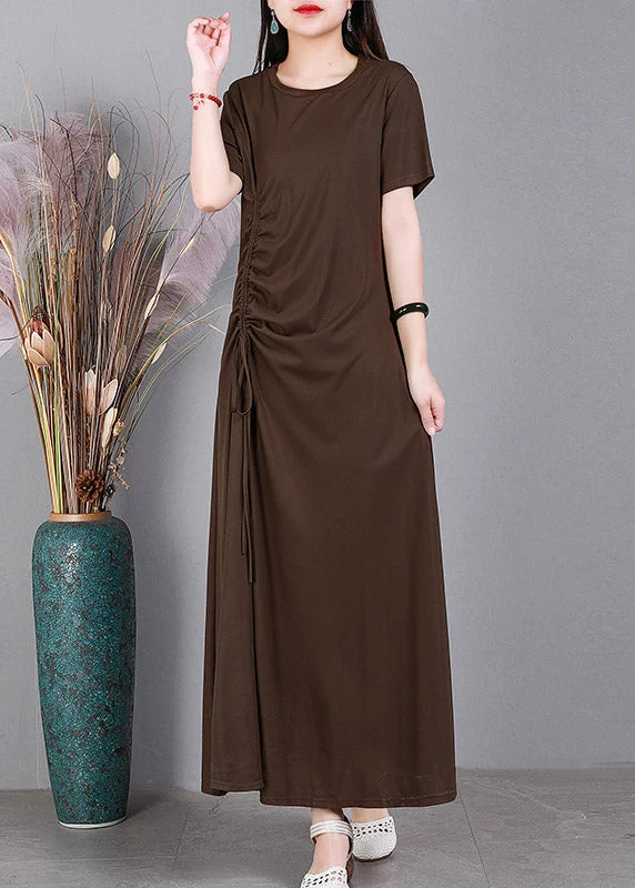 Price Rollback elegant dressChocolate O-Neck Cinched Cotton Long Dress Short Sleeve