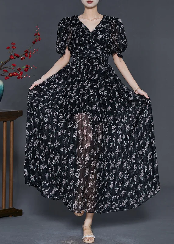 fitted dressStyle Black Puff Sleeve Print Chiffon Party Dress