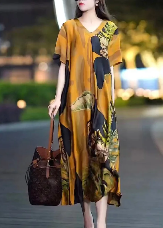 Super Sale minimalistic dressStylish V Neck Print Vacation Silk Dresses Short Sleeve