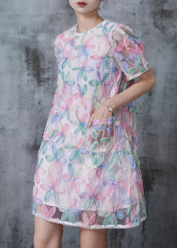 wrap-around dressChic Rainbow Puff Sleeve Floral Tulle Tea Dress Summer