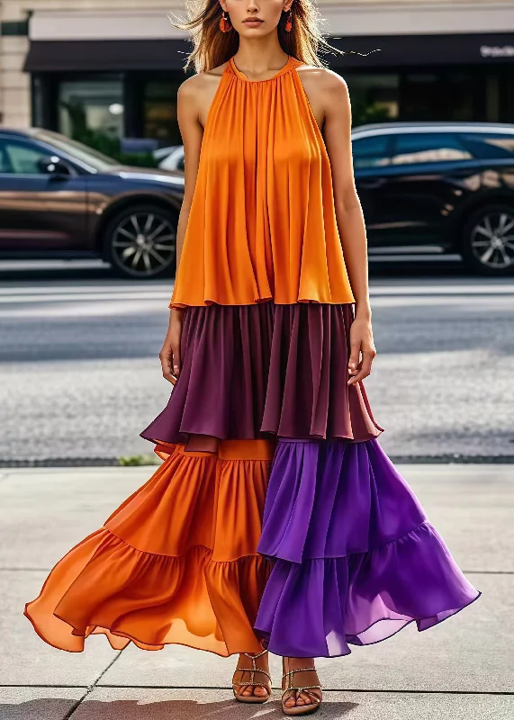 Bonus Savings casual summer dressHandmade Orange Cold Shoulder Patchwork Chiffon Vacation Dresses Summer