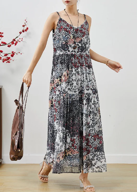 Don’t Miss Out chic dressBeautiful Black Print Exra Large Hem Chiffon Spaghetti Strap Dress Summer