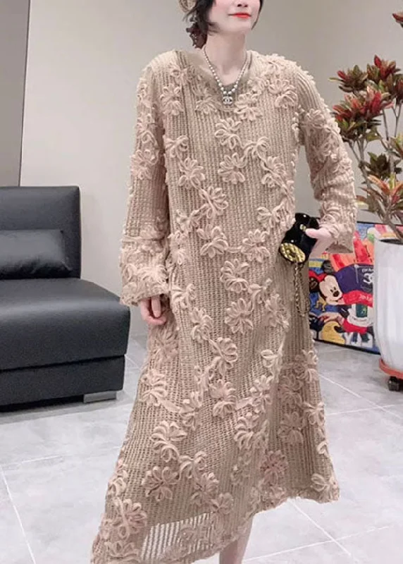 Clearance Event stylish party dressStylish Khaki O Neck Floral Design Cotton Dress Fall Clearance Event stylish party dressStylish Khaki O Neck Floral Design Cotton Dress Fall