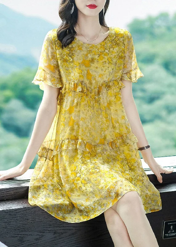 relaxed fit dressElegant Yellow O-Neck Patchwork Ruffles Print Chiffon Holiday Dress Summer