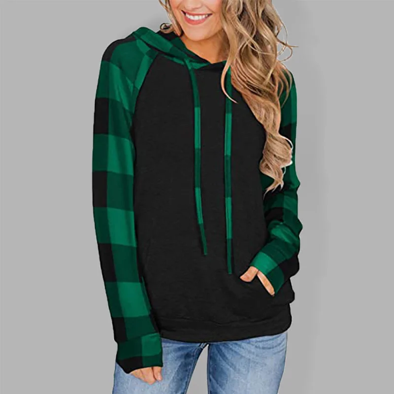 Price Cut long-sleeve athletic hoodieWomen's Black Hoodie With Plaid Print Long Sleeves