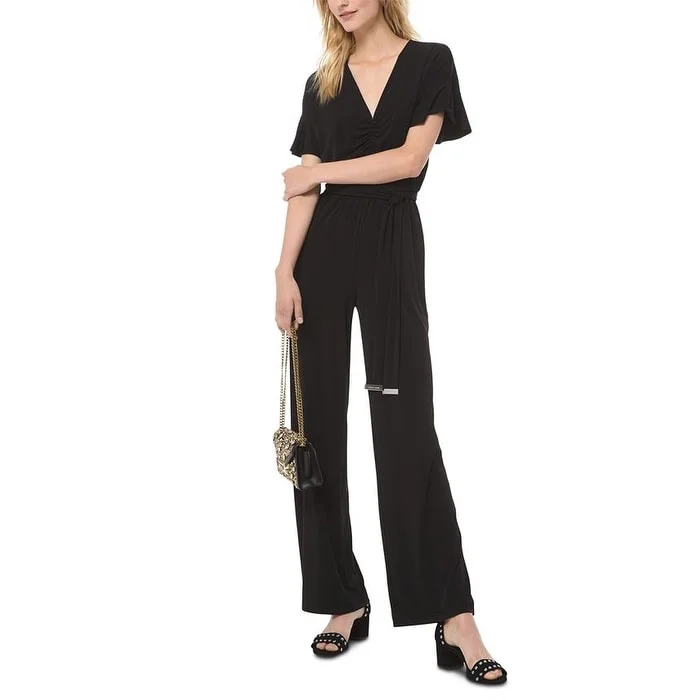 Shop and Save Michael Kors Women's Belted Ruched Jumpsuit Black Size Petite