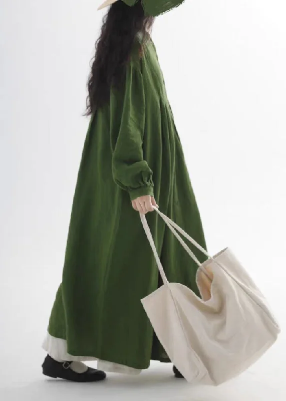 Closeout lace-up dressPlus Size Green Oversized Cotton Holiday Dress Fall