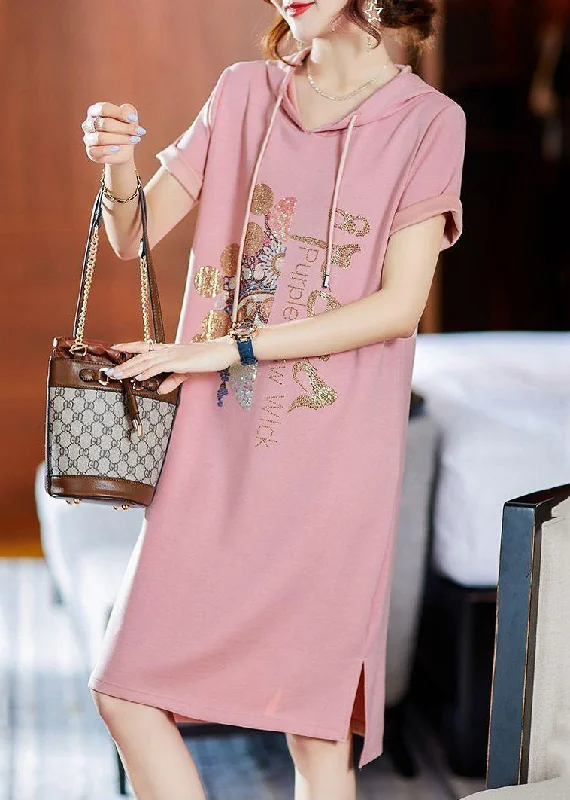 trendy mini dressLoose Pink Hooded Zircon Patchwork Cotton Dresses Summer