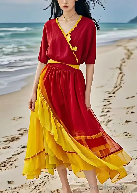 Today Only silk dressBeautiful Red Asymmetrical Ruffled Patchwork Chiffon Dress Summer Today Only silk dressBeautiful Red Asymmetrical Ruffled Patchwork Chiffon Dress Summer