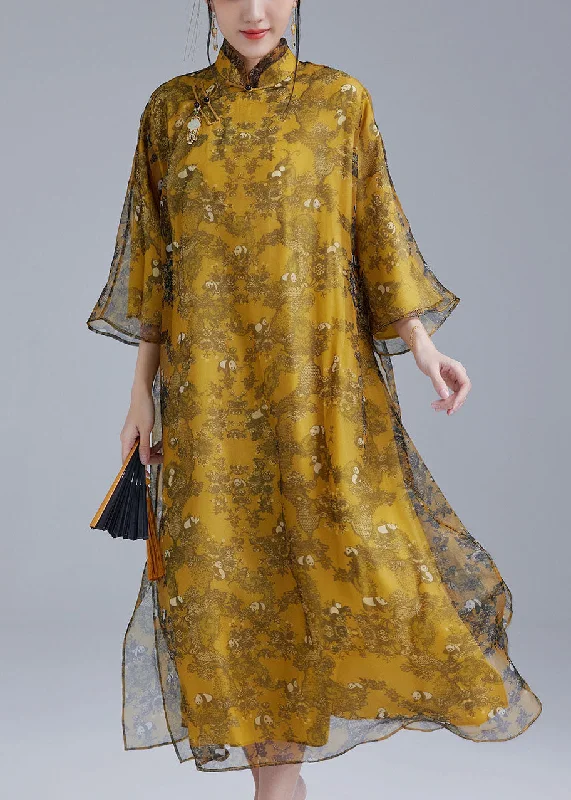 Markdowns bohemian dressLuxy Yellow Oriental Button Tulle Silk Dress Cheongsam Dresses