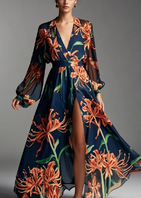 vintage-inspired dressBeautiful Navy V Neck Print Chiffon Beach Dresses Spring