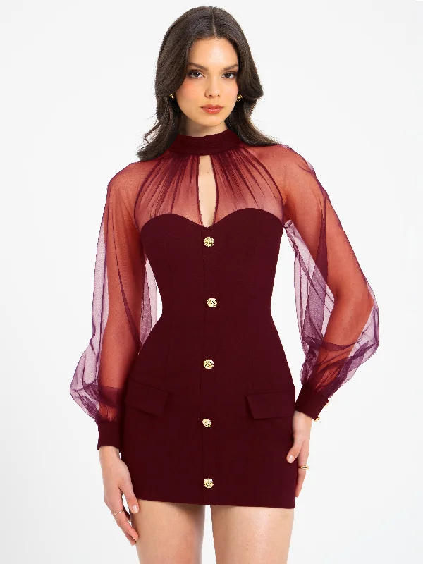 Fantastic Offers floral dressTabitha Burgundy Mesh Lantern Sleeve Mini Dress