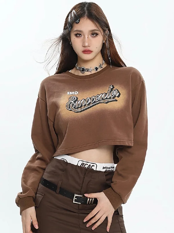 Limited Availability EMO Emocenter Graphic Letter Print Solid Color Long Sleeve Cropped Sweatshirt