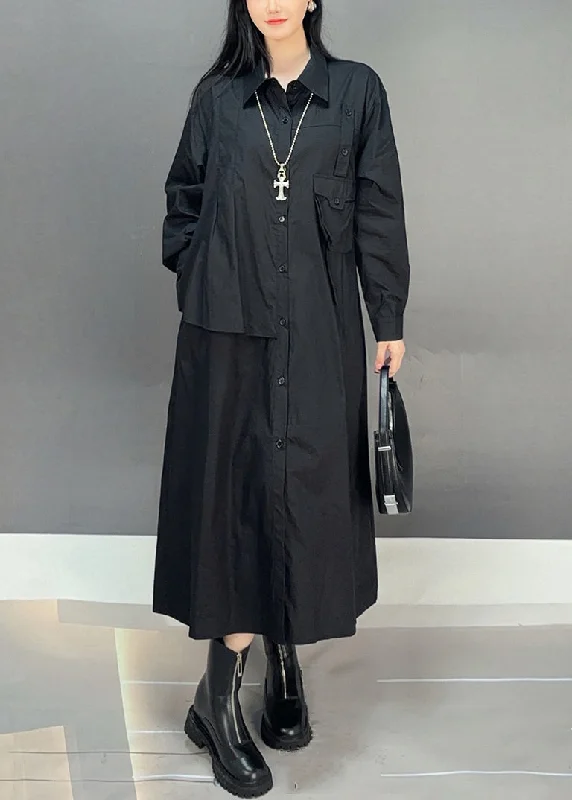 Get It Before It’s Gone shift dressBlack Button Solid Cotton Fall Blouses Dresses Asymmetrical