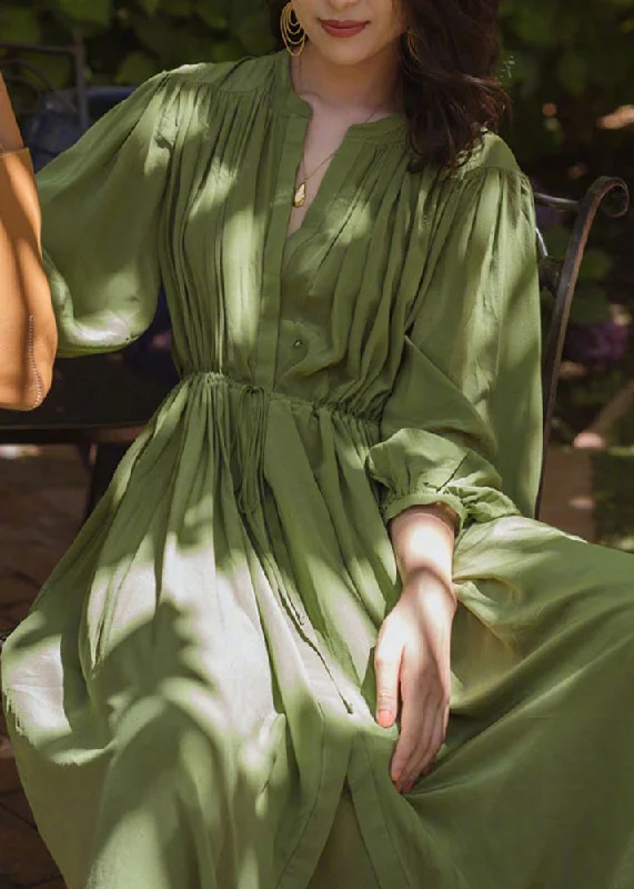 Deep Discounts party dressFashio Green O-Neck Cinched Wrinkled Solid Chiffon Maxi Dress Spring