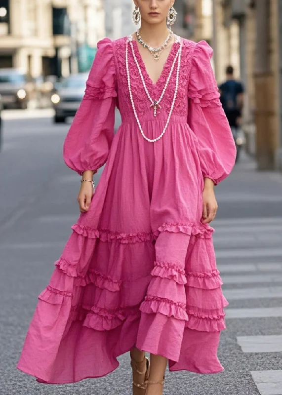 stylish dressWomen Rose Ruffled Exra Large Hem Cotton Vacation Dresses Spring