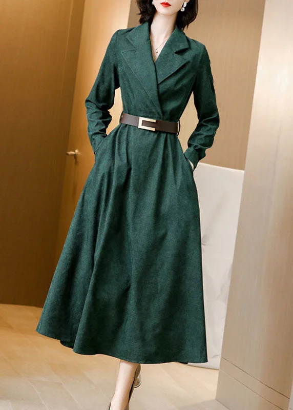 Epic Deals fitted dressBeautiful Green Notched Collar Sashes Slim Fit Corduroy Maxi Dresses Spring