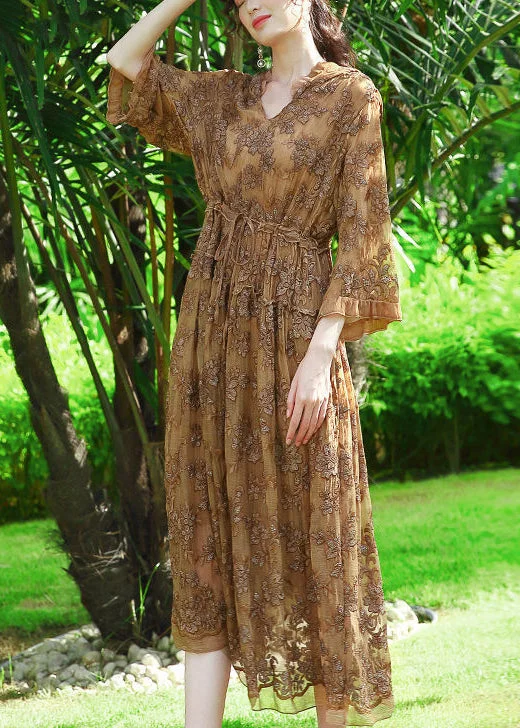 Major Savings off-the-shoulder dressCasual Khaki Hooded Embroideried Silk Cinched Dress Summer