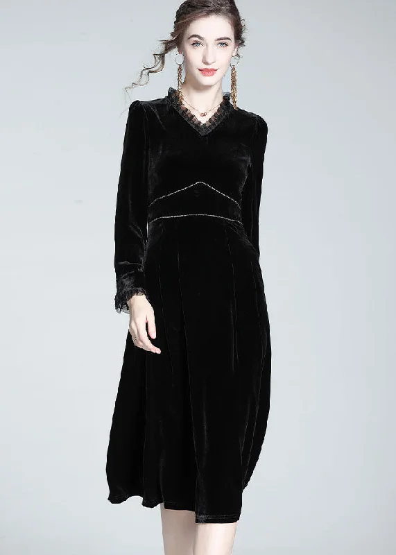 Year-End Sale long sleeve dressFrench Black Ruffled Patchwork Zircon Silk Velour Dress Spring Year-End Sale long sleeve dressFrench Black Ruffled Patchwork Zircon Silk Velour Dress Spring