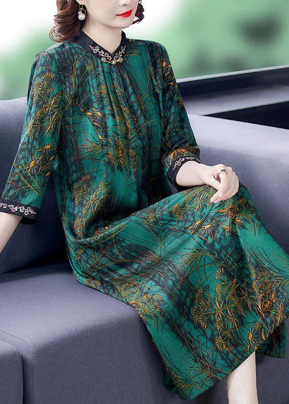 Bonus Savings A-line dressElegant Green Stand Collar Print Silk Dress Half Sleeve