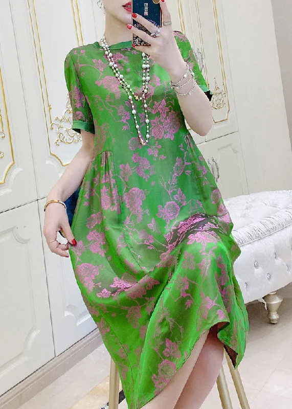 Epic Deals bodycon dressElegant Blackish Green O-Neck Print Wrinkled Silk Dresses Short Sleeve