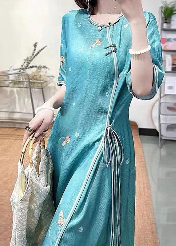 Price Rollback denim dressSexy Green O-Neck Embroideried Floral Side Open Tie Waist Button Silk Long Dresses Half Sleeve